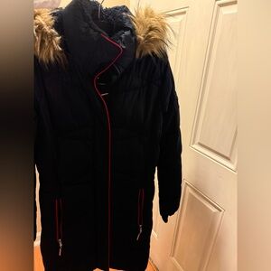 Tommy Hilfiger Black Puffer Coat with Faux Fur Hood